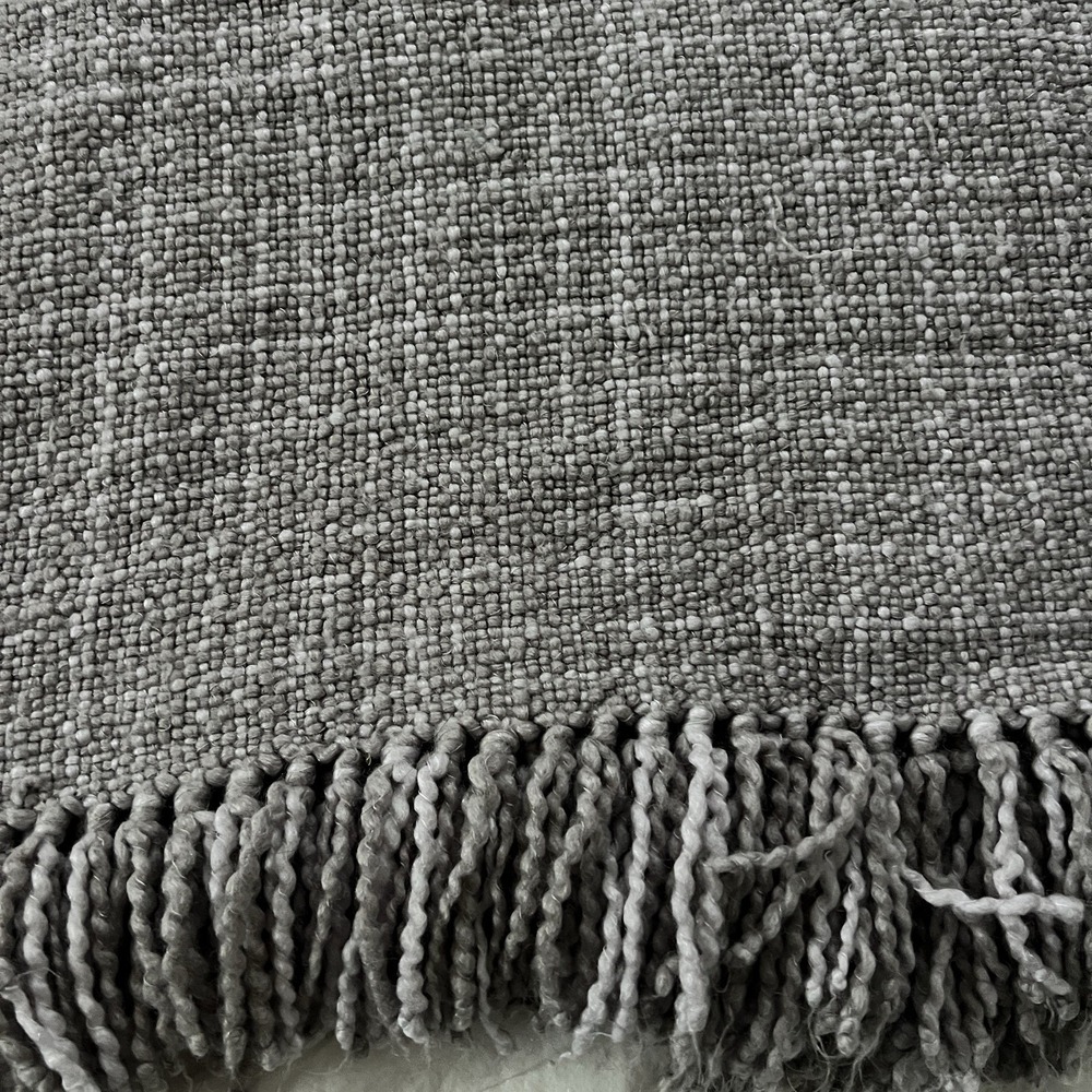 Pottery Barn Wool Gray Chunky Bouclé Knit Throw Blanket Fringe boho home